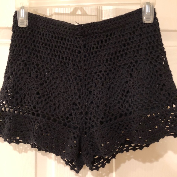 Material Girl Pants - Black crochet knit shorts